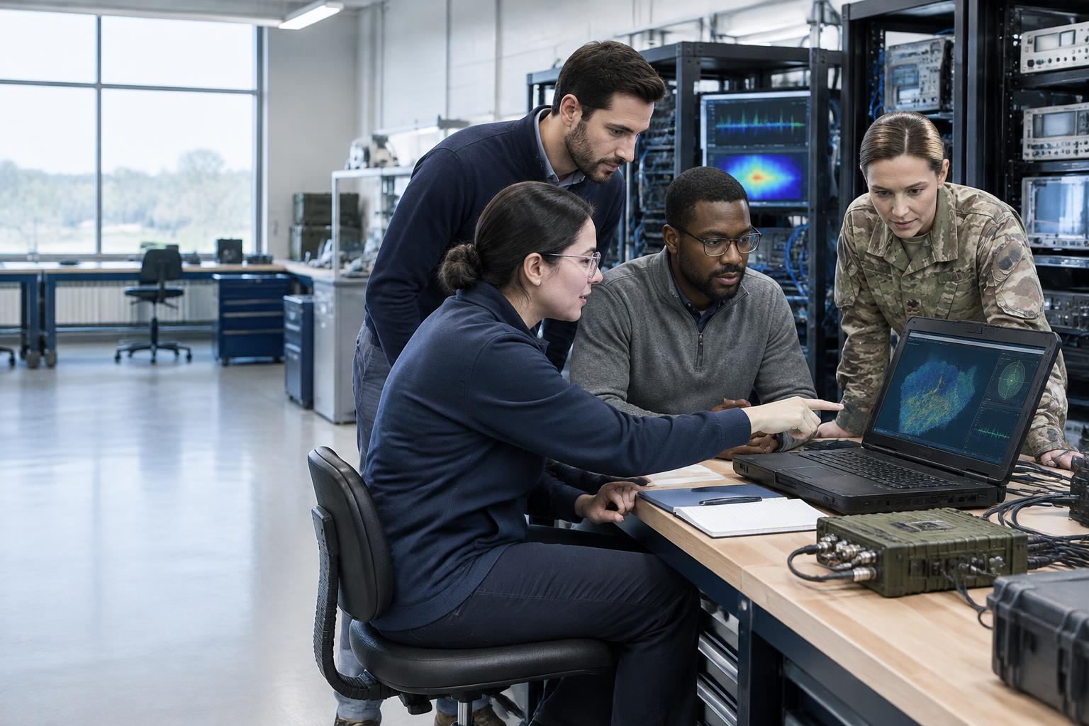 Illustrative technical specialists collaborating with a military liaison
